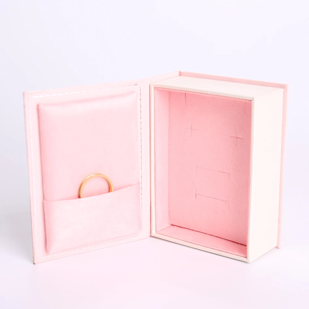Custom Luxury Pink Paperboard Flip Cover Box Rigid Book Shape Glossy Lamination Sponge Lining for Rings Earrings Jewelry