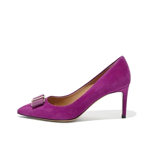 Factory Direct Women Fuchsia Suede Pumps Pointed Toe High Heel Bow Accent Custom Logo Party Wedding Wholesale