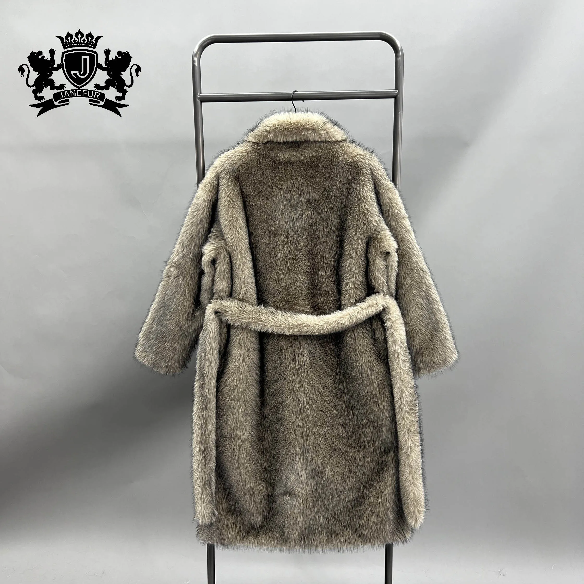 Janefur Unique Design Luxury Long Faux Fur Coat Suit Collar Belt