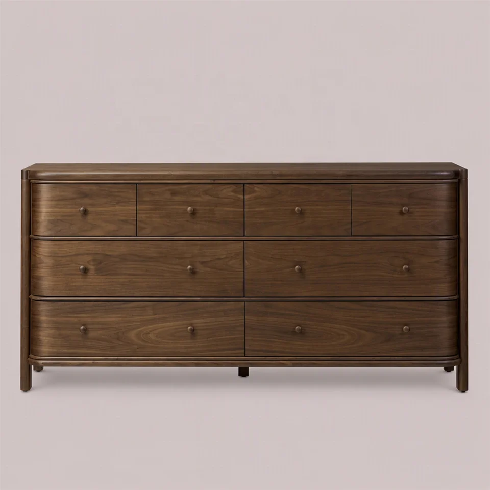 Modern Solid Walnut Wood Dresser with 8 Drawers Curved Corner Bedroom Chest of Drawers Wide Storage Cabinet Unit