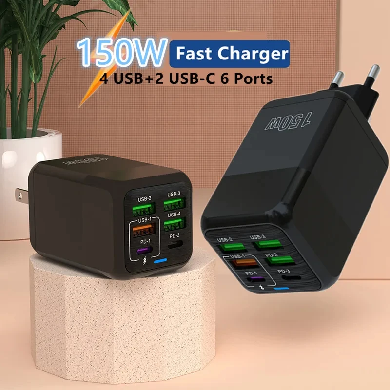 150W Quick Charger 6-port USB Type C PD Fast Charger for iPhone 15 Samsung Xiaomi Huawei Honor Mobile Phone USB Charger