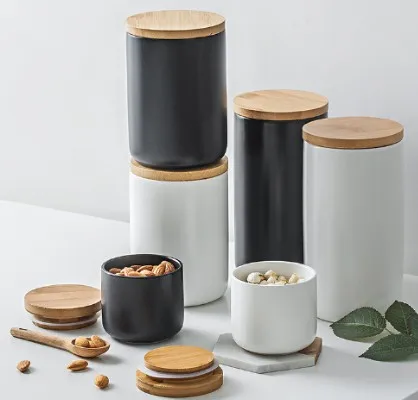 Practical customizable white black kitchenware ceramic storage jar with a wooden lid for home uses