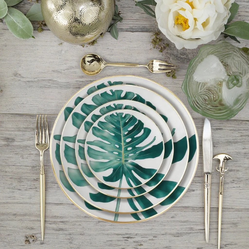 Creative Green Leaf Pattern Printed Ceramic Dinner Plates Eco-Friendly Bone China for Charger Plate for Home and Wedding Use