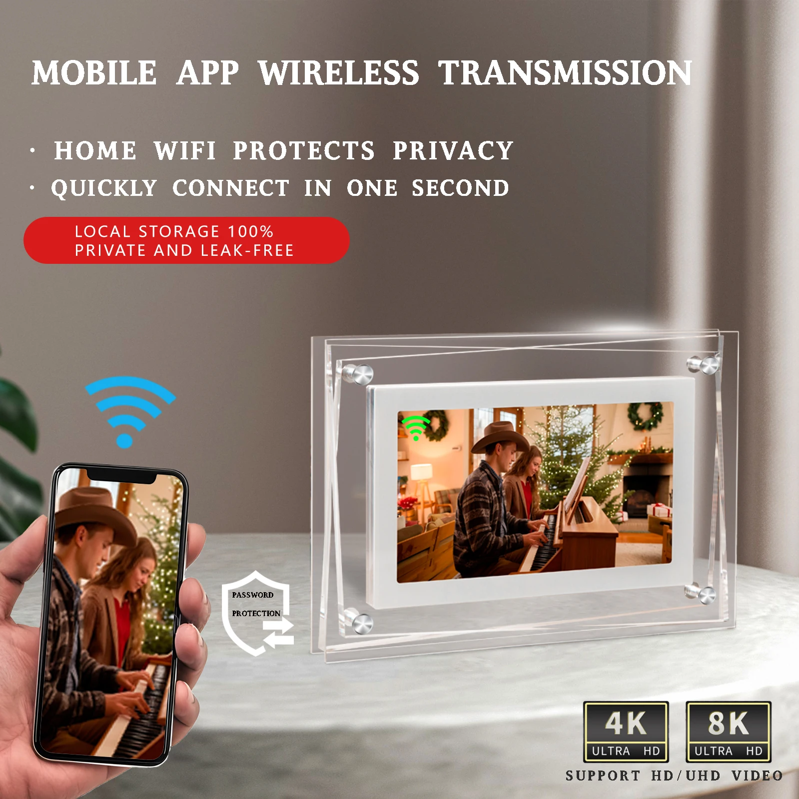 Upgrade WiFi/APP 100% Privacy Protection With Video/Picture/Music Screen and DLAN Screen Projection Video Digital Photo Frames