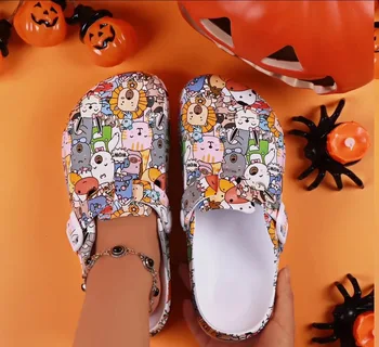 Women's Casual Waterproof Mules Clogs Cartoon Print Slip-Resistant Lightweight Platform EVA Flat Shoes Buckle Indoor/Outdoor