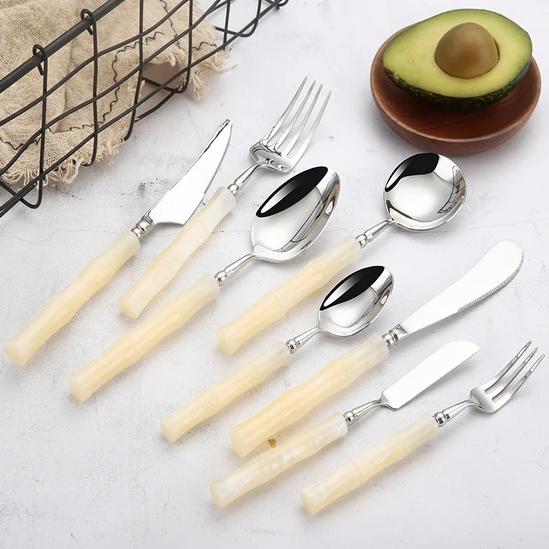 New Unique Resin Bamboo Handle Silverware Fork Knife Spoon Spreader Stainless Steel Bamboo Cutlery Set
