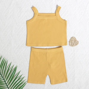Latest Product Cotton Spandex Sleeveless Girls Suits Solid Color Summer Children Outfits for Sport