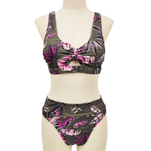 Plus Size Floral Print Breathable Spandex/Nylon Front Logo Women's Two Piece Bikini Set
