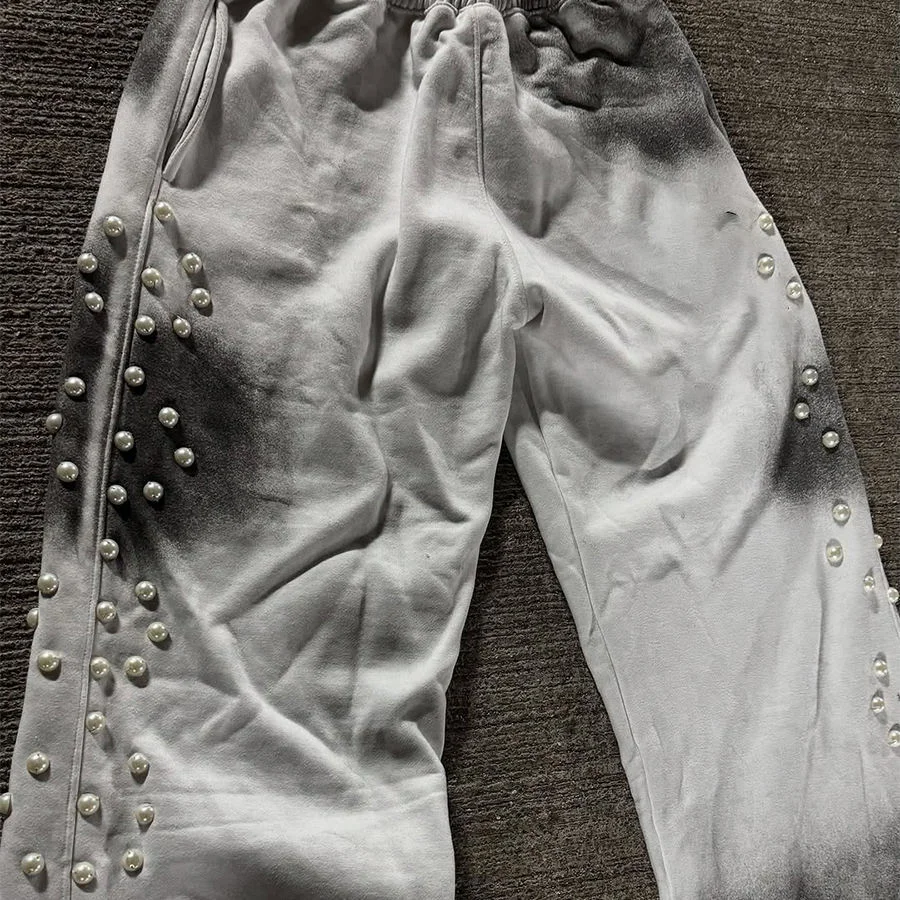 SALATI Street Wear Custom 100% Cotton French Terry Trouser Drawstring Bubble Beads Pants Dirty Wash Flare Sweat Pants for Men gallery 8