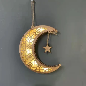 Eid Mubarak Table Lamp Wooden Craft Moon Star Lamps And Hanging Ornaments For Ramadan Decoration