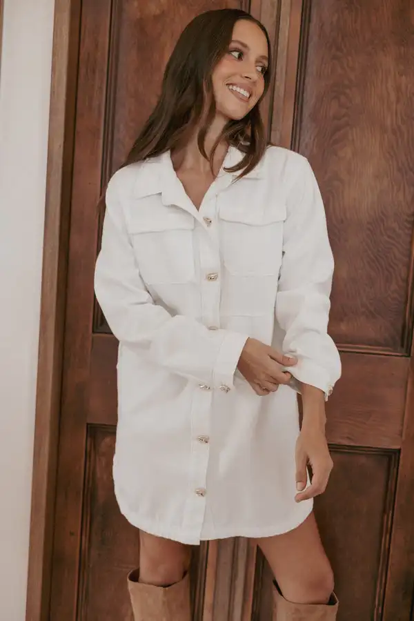 Women's Custom White Denim Dress Button up Long Sleeve Side Slit Mini Dress Women's Custom White Denim Dress Button up Long Sleeve Side Slit Mini Dress