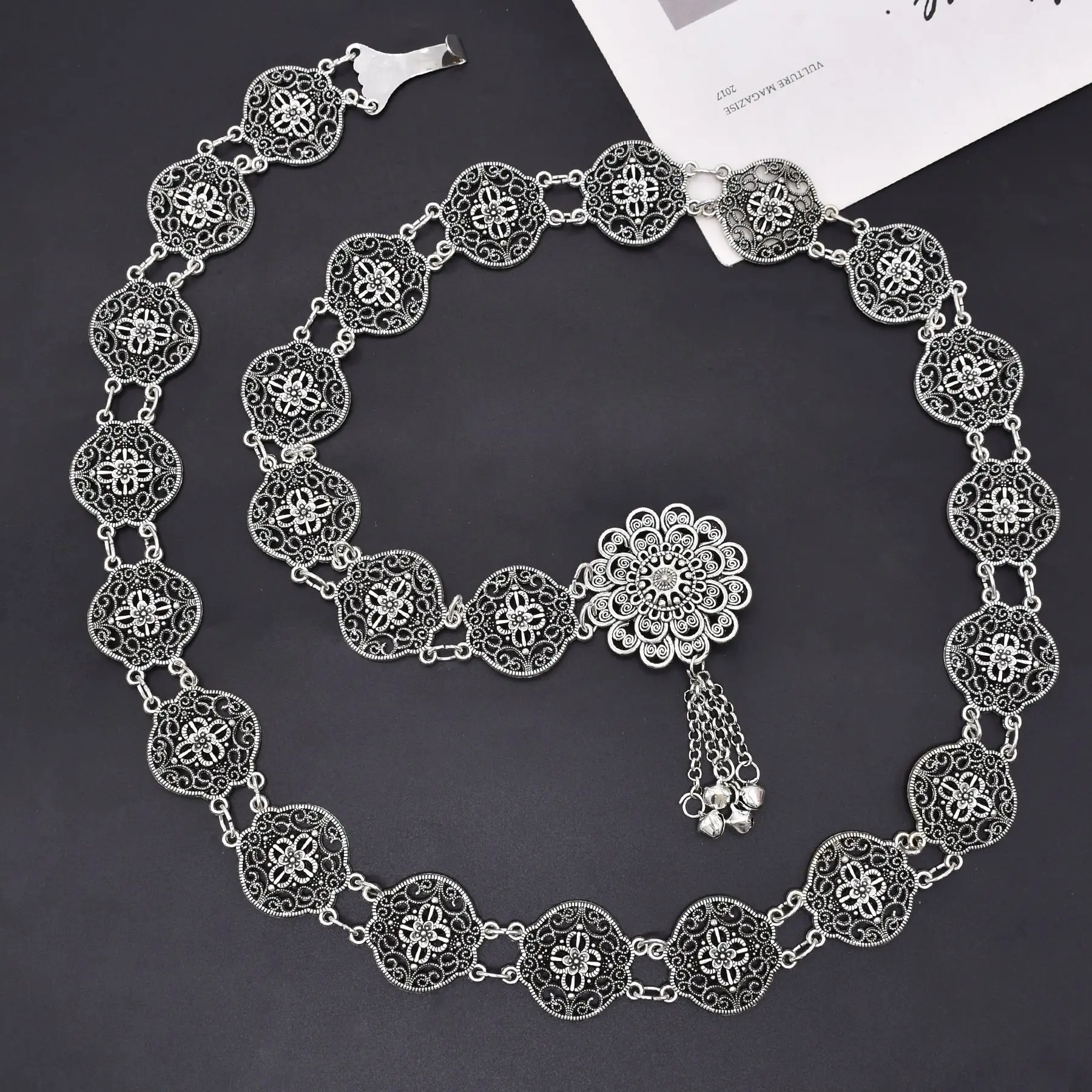 Bohemian Silver Plated Carved Flower Bell Tassel Dance Waist Chain