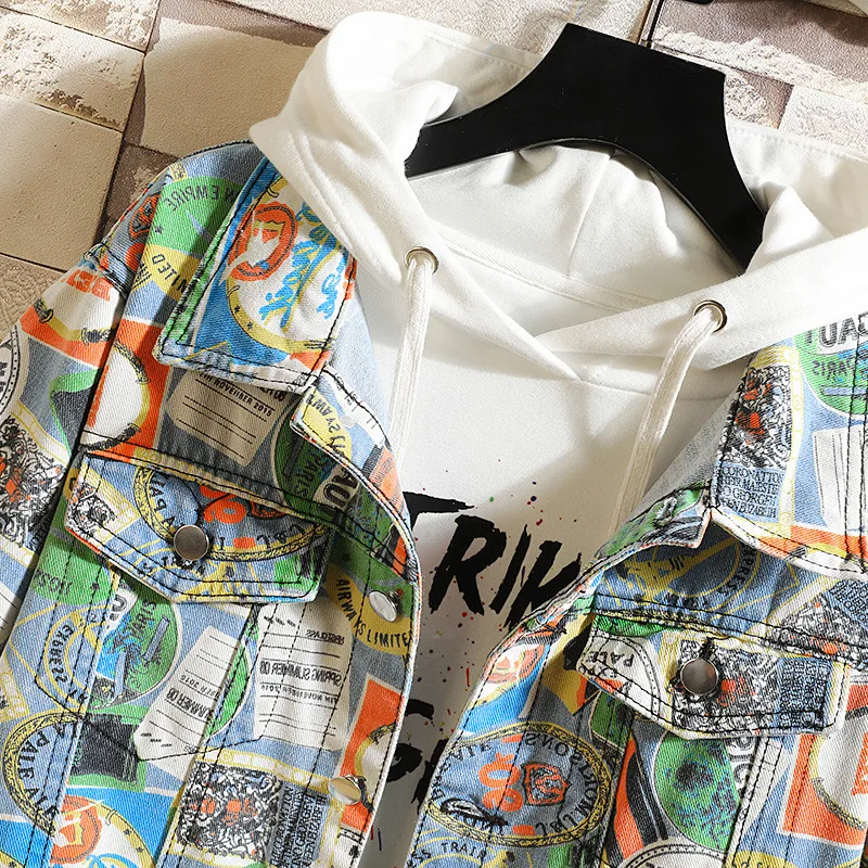 New Autumn Designer Graffiti Camouflage Denim Jacket Men's Fashion Color Jean Jacket