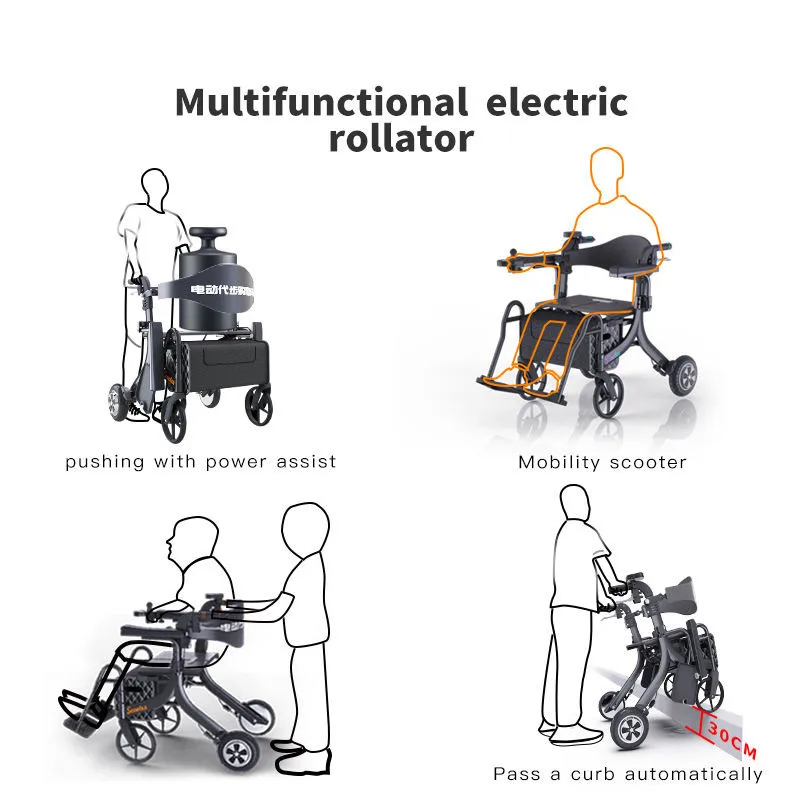 Light weight transport power chair disabled 4 wheel Foldable Electric Rollator Walker Wheelchair Combo For Senior manufacture