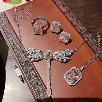 Princess Pink Gem Dragonfly Necklace Plated 18K Gold Rectangular Geometric Zircon Earrings Ring Pendant Set