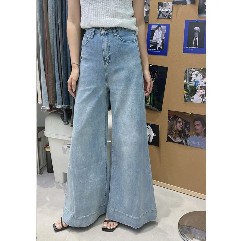 Blå vintage-jeans med utvidet ben, høy midje, løst sitte, for kvinner, raskt tørkende sandvasket jeans til høsten, langs til gulvet