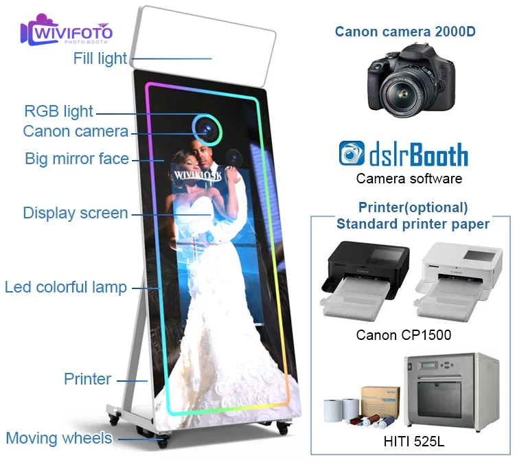 White Color Interactive Self-service Magic Mirror Photo Booth With Printer and Camera 10-point Touch Photo Booth