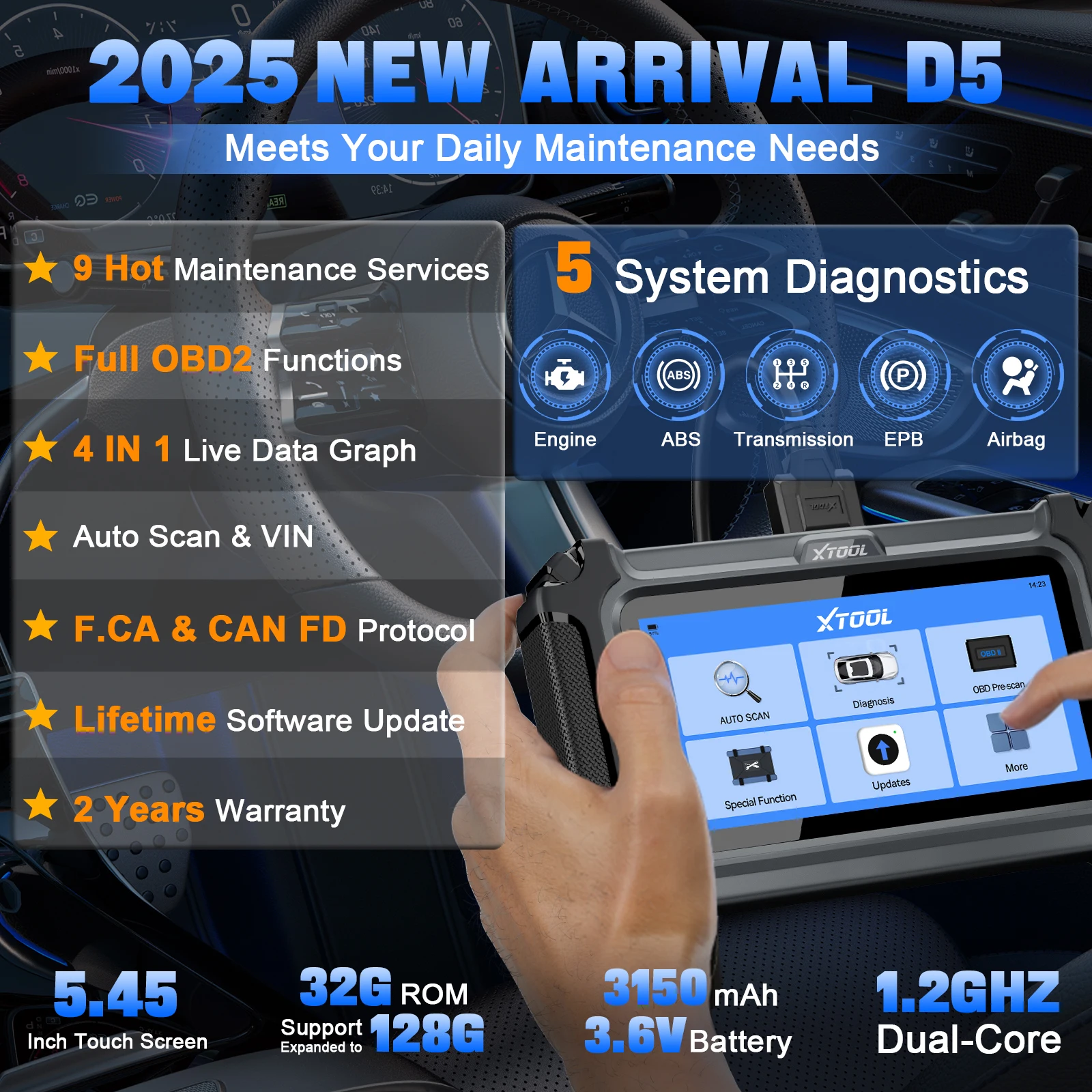  D5 Car Diagnostic Tool OBD2 Scanner PCM/TCM/ABS/SRS/EPB 5 Systems OBD2 Code Reader 9 Reset CAN FD FCA Engine Test Scanner
