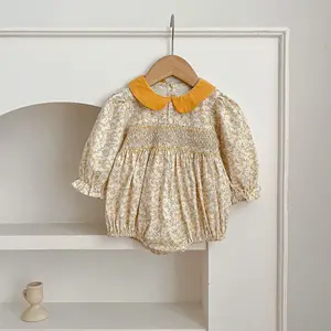 Custom Baby Girls Autumn One-Piece Long-Sleeved Floral Button Closure Casual Rompers with Shirred Smocked Design