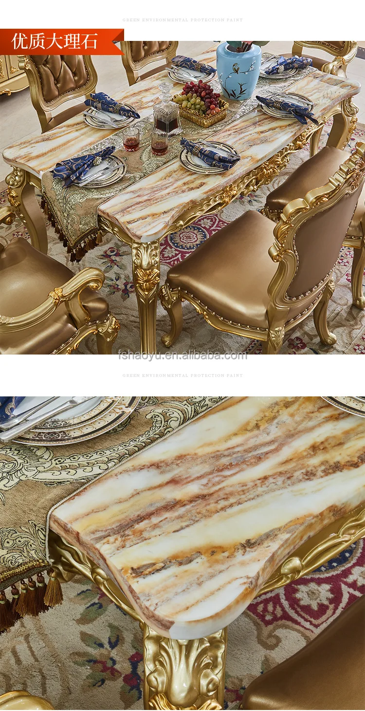 Marble Top Dining Table Set Solid Wood Luxury Round Dining Table Set 6