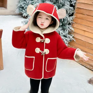 Customized Korean Version Girls Bear Padded Long Casual Hooded Winter Coat 90% Filled Single Button Closure Clothes for Kids