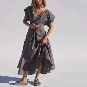 High Quality New Trend Short Sleeve Women Solid Color Casual Cotton Dress Custom Button v Neck Plain Long Elegant Midi Dress