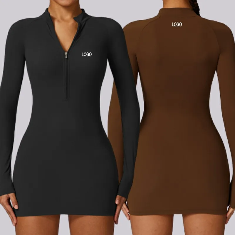 L801010 Y2K Long Sleeve Bodycon Mini Dress for Women Zip Front Hot Pink Tight Club Dress Streetwear Fall Winter Party Outfit