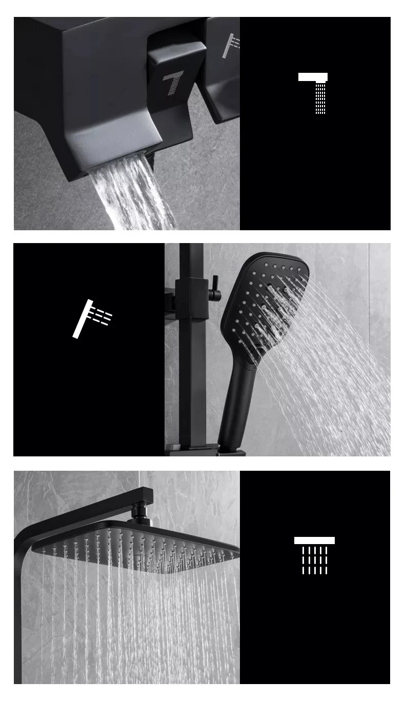 Modern Matt Black Wall Mounted Brass Piano Key Shower Set Bathroom Rain ...