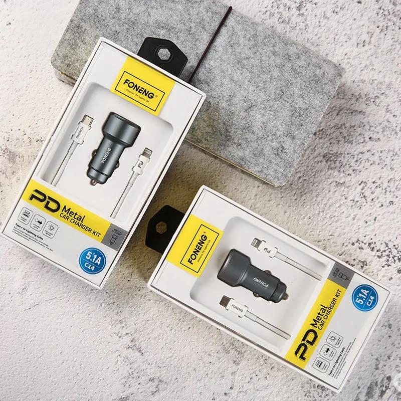 Металлическое автомобильное зарядное устройство FONENG C14 18 Вт PD для быстрой зарядки с двумя