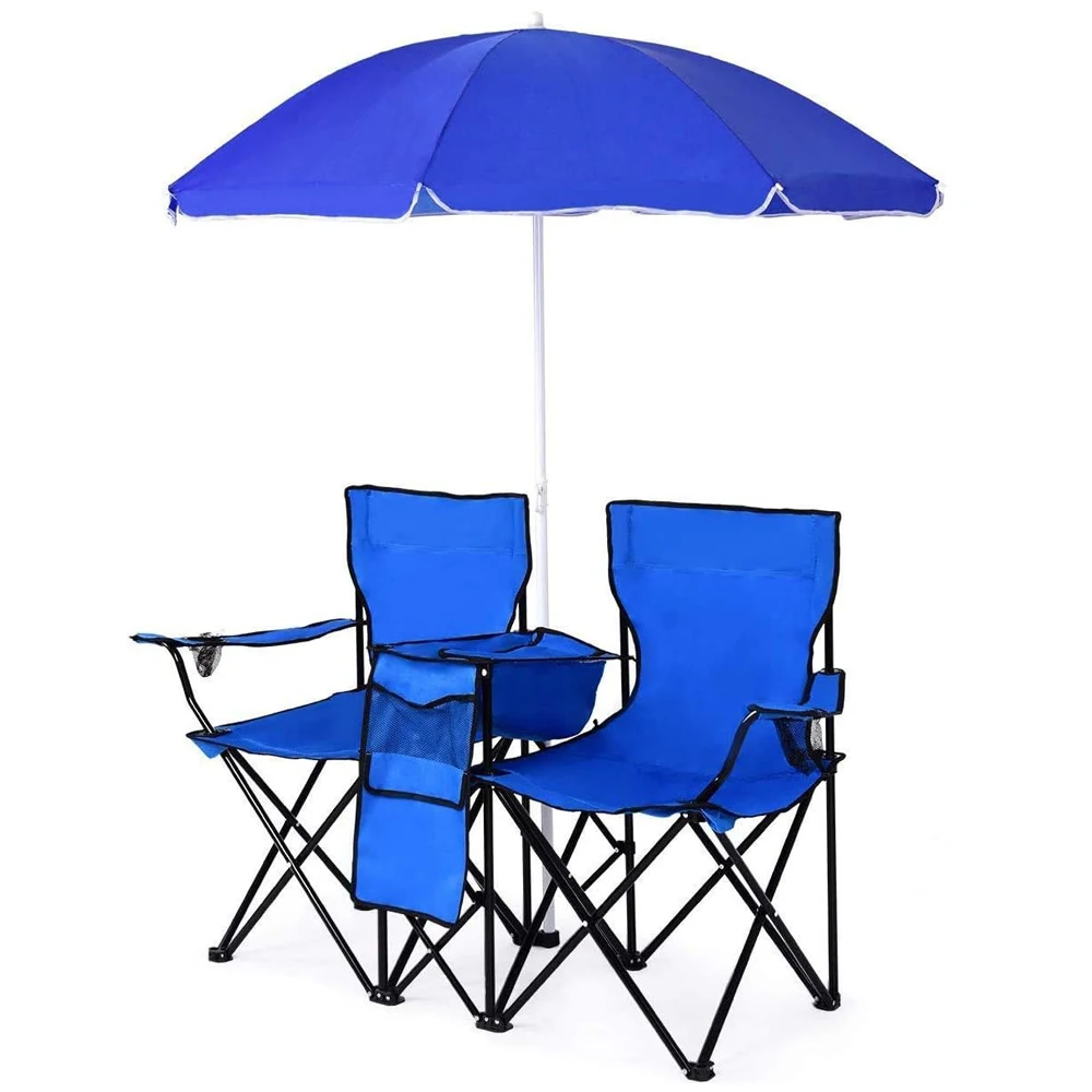 Modern 600D Oxford Cloth Beach Chair Double Folded 2-Person Fishing Camping Outdoor Folding Metal Steel Easy-Carry with Canopy