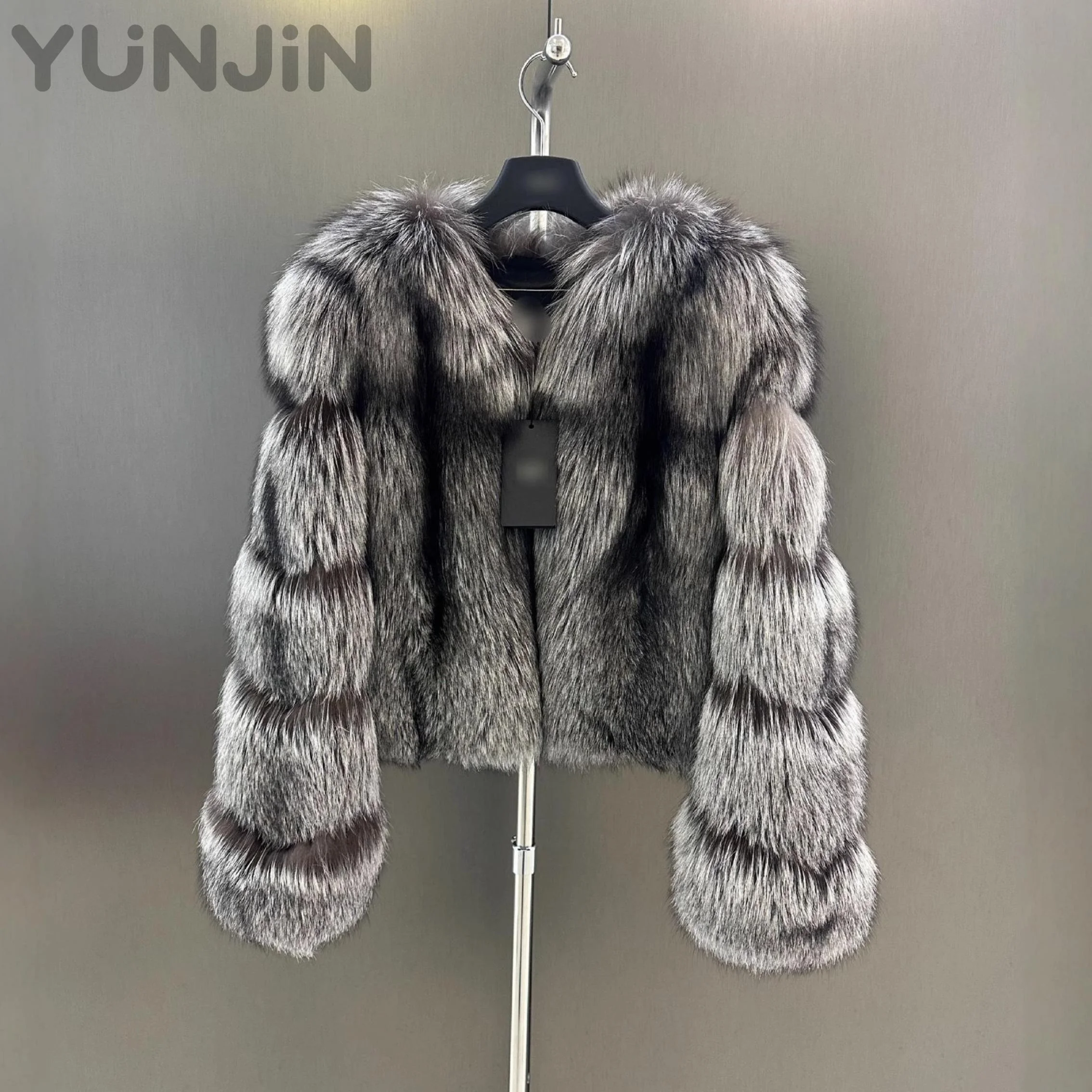 Saga Women's Premium Silver Fox Fur Coat Full