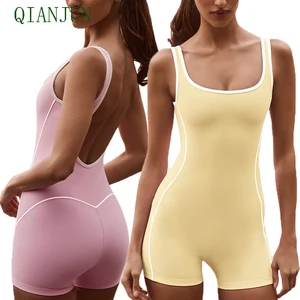 Hot Sale Women Strength Training Pilates Yoga Sports Padded Bodysuit Tight Contrast Color Sports One Piece Yoga Jumpsuit