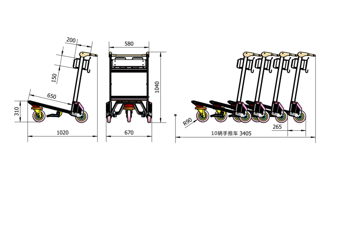 High Quality Braking System Customized Airport Luggage Trolley Standard 3 Wheel Airport Baggage Cart