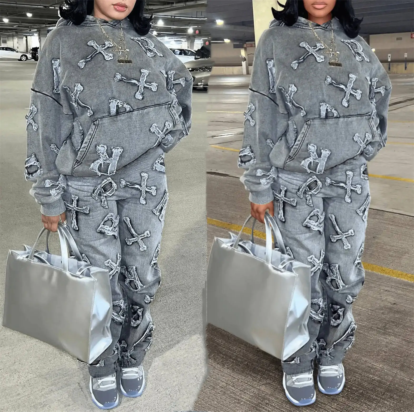 Wholesale Fashion Printed Hoodie 2 Pieces Set Casual Loose Two Piece Pants Sets Women