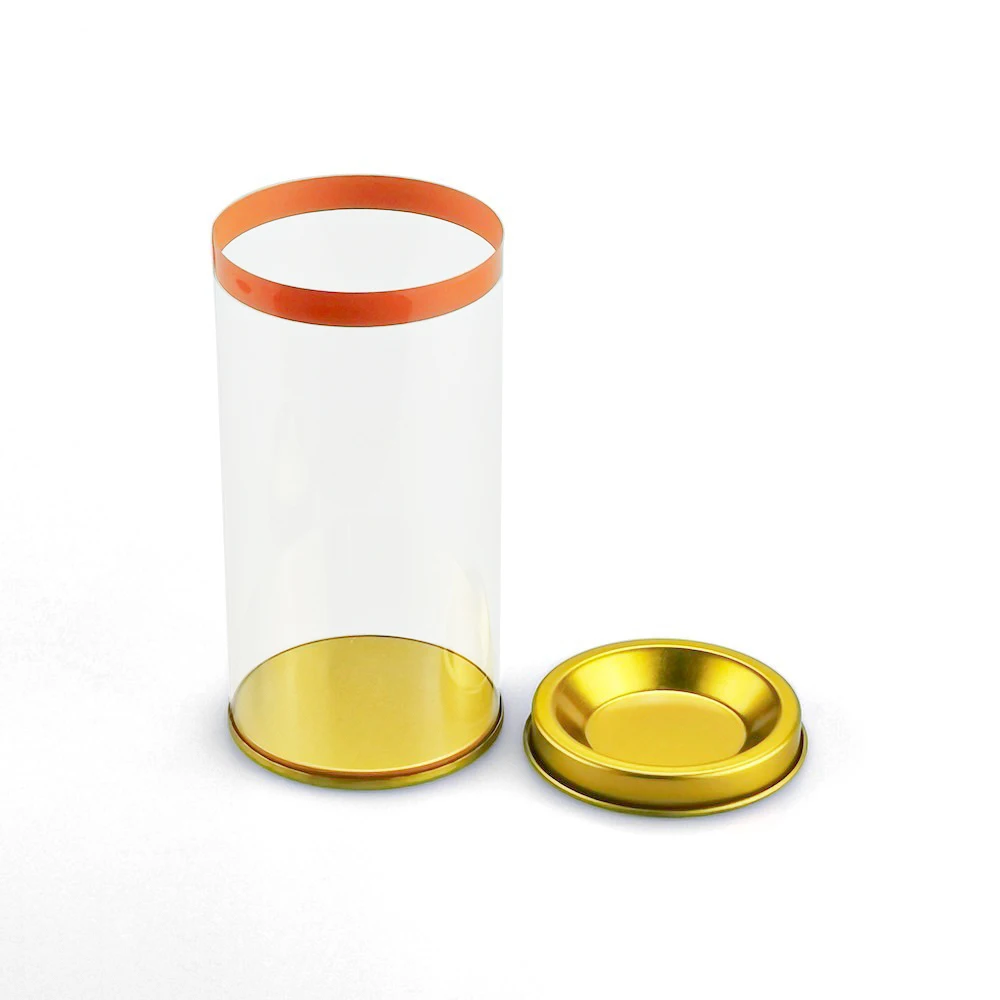 Transparent PVC PET RPET PP Plastic Round Tube Cylinder Packaging Box with Metal Lid