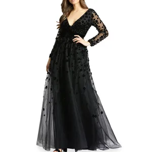 New Custom Women Black Lady Elegant Long Sleeves Evening Dress Velvet Floral Applique a Line Gown