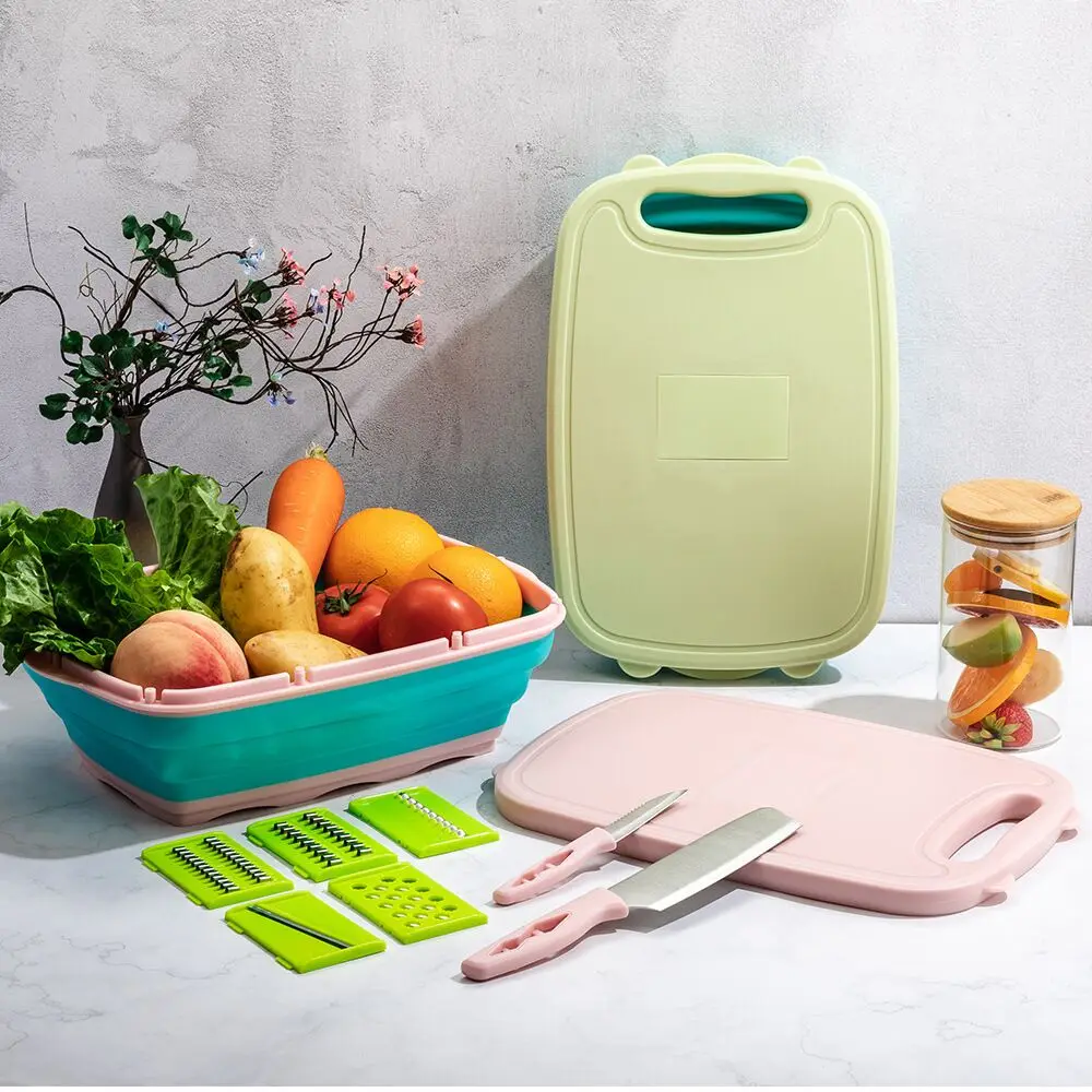 9 in 1 Multi Chopping Board Kitchen Vegetable Washing Basket Collapsible Chopping Board with Colander for Camping