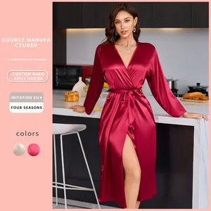 Fashionable Women's Long Satin Cardigan Bathrobe Cross-Border Ice Silk Nightgown Breathable Casual for Summer Solid Pattern