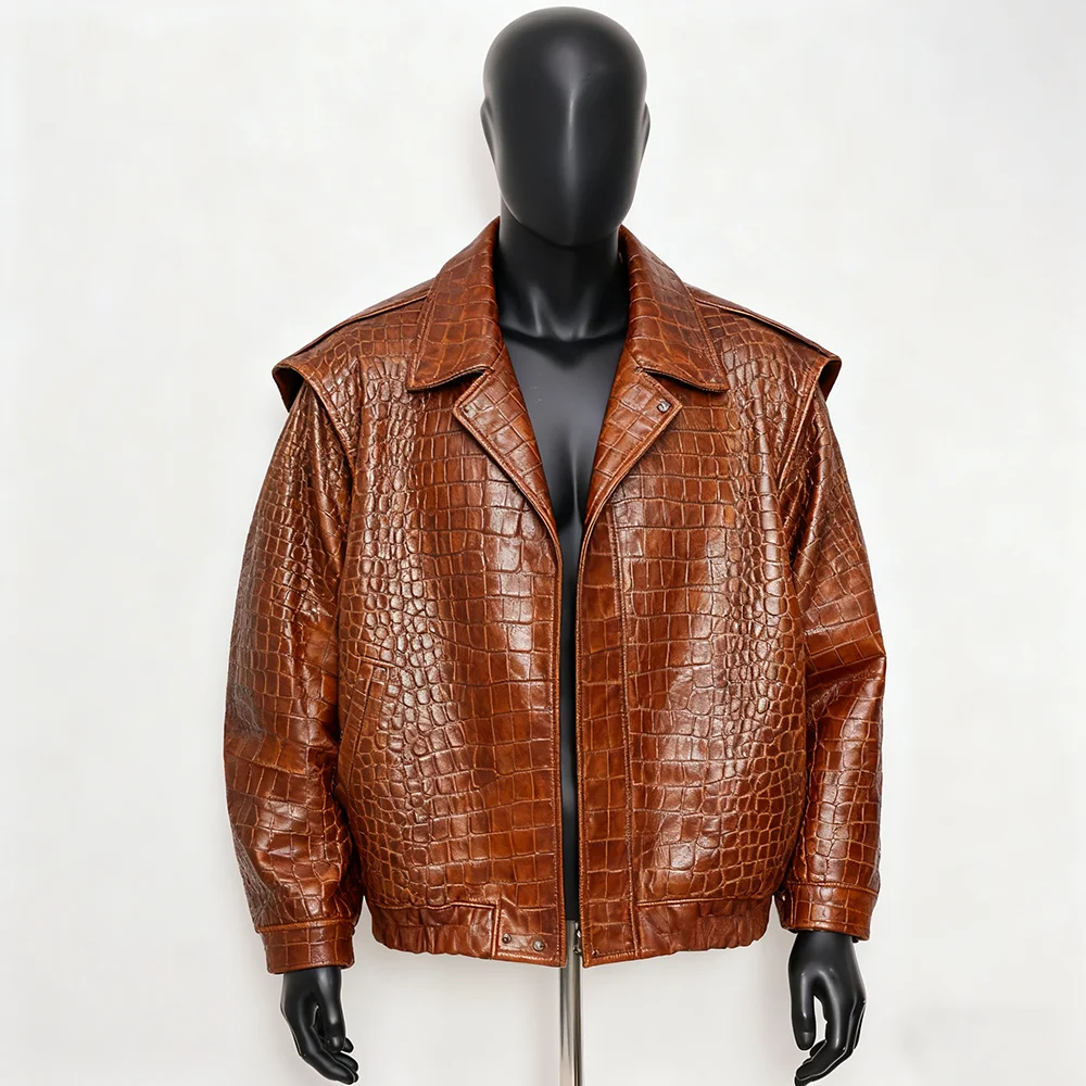 100% Genuine Cowhide Men's Leather Jacket New Stylish for Crocodile Skin Embossed Vintage Autumn Leather Jacket Coat
