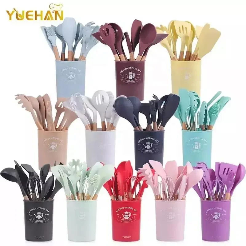 Silicone Cooking Utensil Kitchen Utensils Set, 12 Pieces Silicone Kitchen  Utensil Wooden Handles, Kitchen Spatula Sets with Holder Spoon Turner  Tongs,Mint Green 