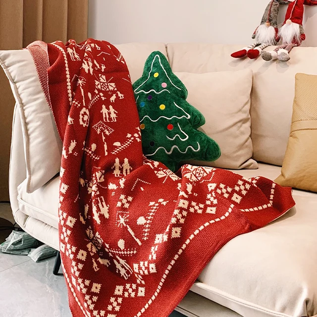 Hot Selling Festive acrylic Knitted Throw Blankets for Couch Chair Gift red Custom Christmas  Blanket For Winter