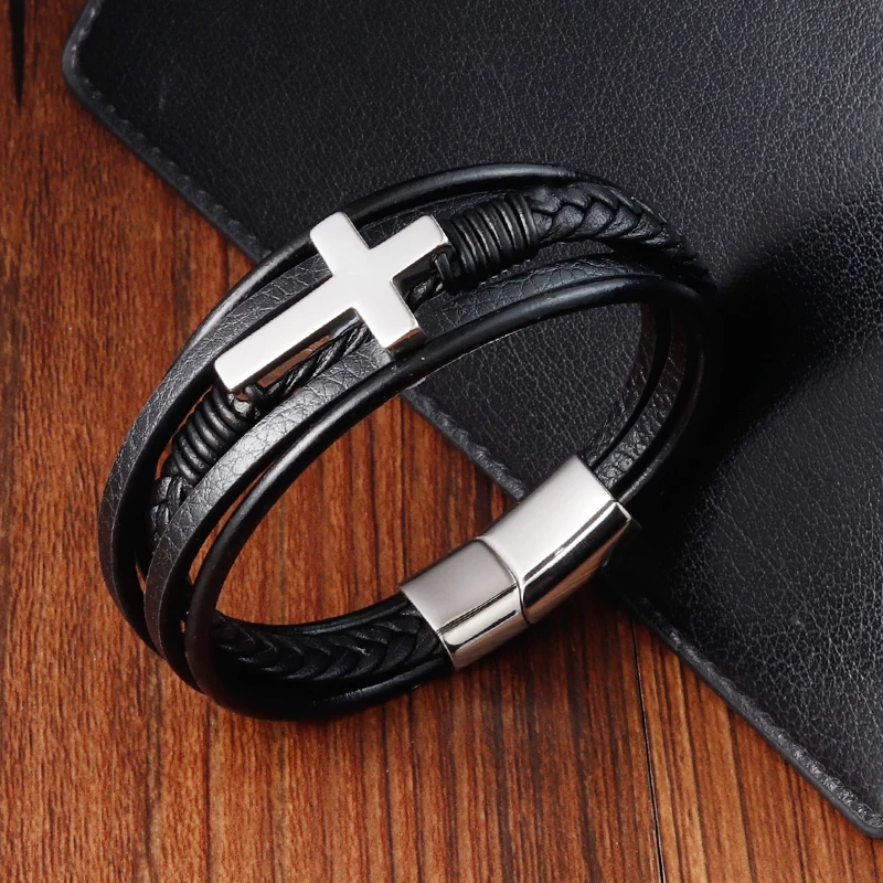 Black Genuine Leather Christian Bracelet Hotsale Charm Cross Stainless ...