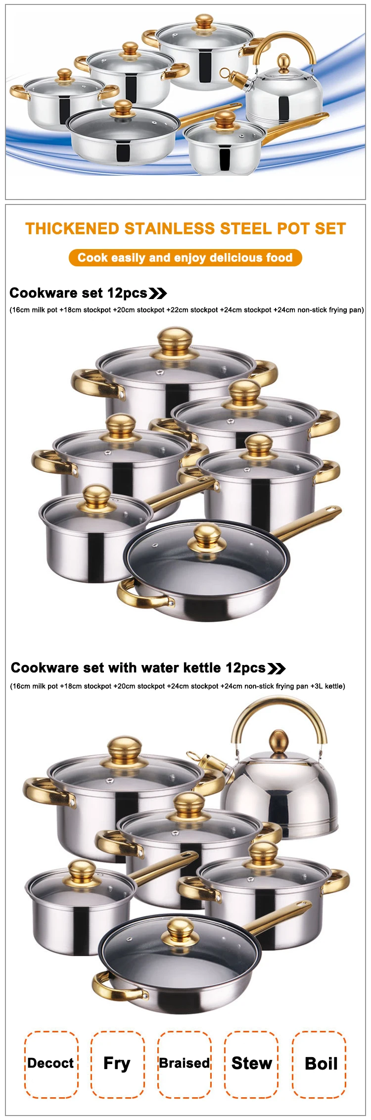 Manufacturer High Quality 12pcs Stainless Steel Gold Plated Non Stick