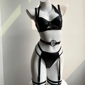 2026 Cross-Border New Arrival Sexy Strappy Crisscross Biker Outfit PU Leather Waist Belt Leg Cuffs Sensual Lingerie Set