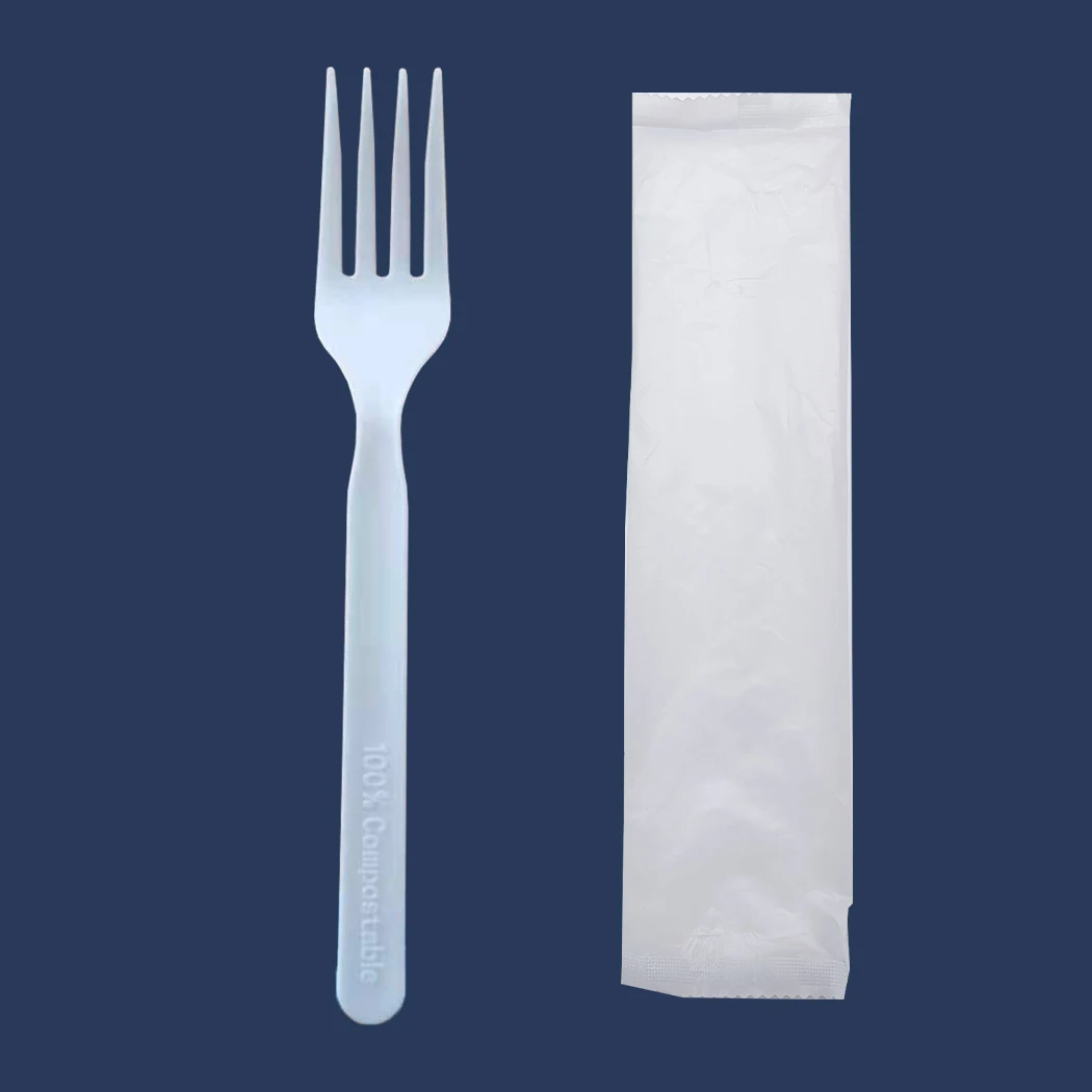 GreenWorks Wholesale Customized Wrapped Individually Compostable Plastic CPLA Forks with Biobag Printing Sets NAPKIN
