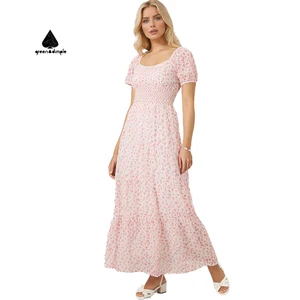 Customize Elegant Puff Sleeve Square Neck Smocked Back Tiered Floral Chiffon Summer Casual Long Beach Dress