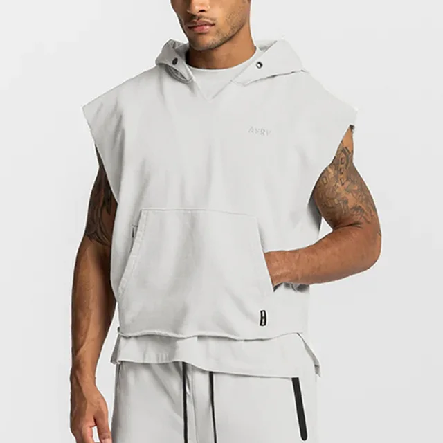 2024 Spring and Autumn fashion design cotton no sleeve hoodie high quality best price men hoodie  grey sleeveless hoodie