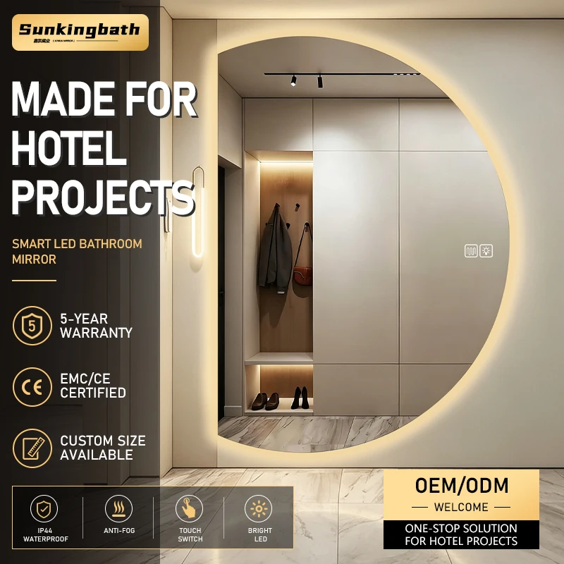 OEM Design Half Circle LED Mirror Touch Espejo De Pared Irregular Smart Mirror Hallway Backlit LED Bathroom Mirror with Light