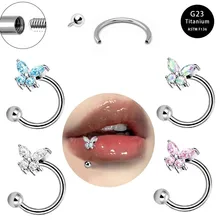 Zircon butterfly Lip ring G23 titanium alloy Internal thread Lip stud CZ zircon copper butterfly Sexy women's body jewelry