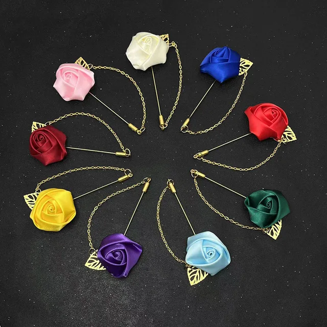 2023 Newest Men's And Women's Suits Jewelry Fabric Rose Flower Leaf Brooch Lapel Pins With Chain For Sale
